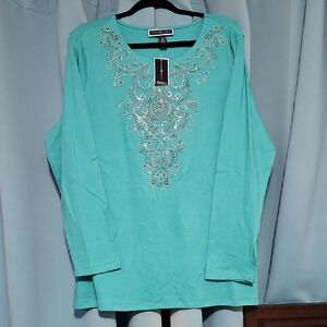 NWT Karen Scott aqua long sleeve top with studded silver embellishments, sz XXL